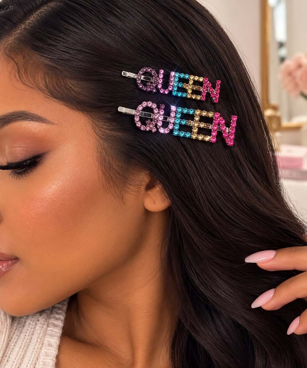 QUEEN Rhinestone Hair Pins Set Multicolor Y2K Maximalist Hair Clips